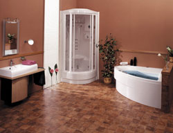 Koupelna s vanou Auriga, masážním sprchovým boxem Caribic Professional a umyvadlem Excentrik