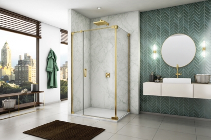 Koupelna v luxusní zlaté barvě s elegantním sprchovým koutem od SanSwiss