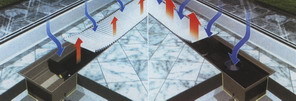 Podlahový konvektor vytváří u skleněné stěny tepelnou clonu a zamezuje rosení skla.